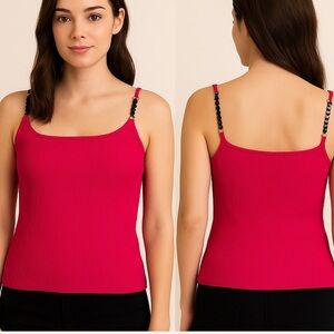 Hot Pink Ribbed Tank Top | Cable & Gauge | Black Beaded Straps | Women’s Medium